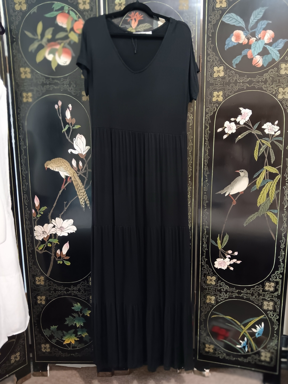 Three Bird Nest Black Short Sleeve Tiered Maxi Dress